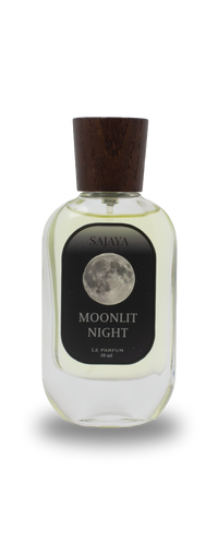 Bottle of SAJAYA Moonlet Night Perfume with a wooden cap