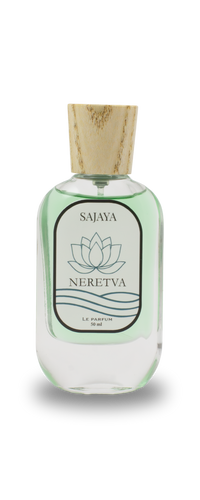Bottle of SAJAYA Neretva Perfume with a wooden cap