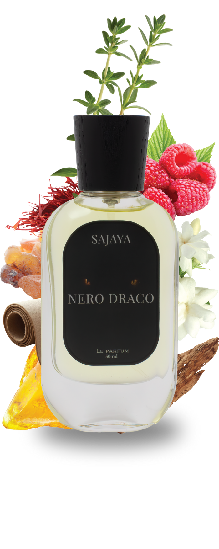 Bottle of SAJAYA Nero Draco perfume surrounded it's notes flowers and herbs