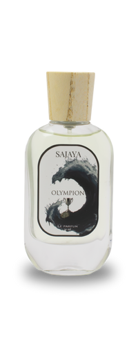 Bottle of SAJAYA Olympion Perfume with a wooden cap