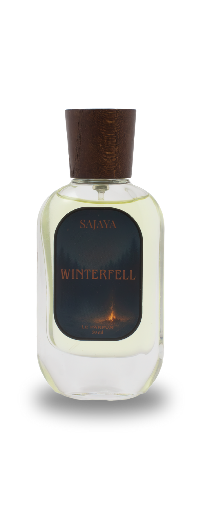 Bottle of SAJAYA Winterfell Perfume with a wooden cap