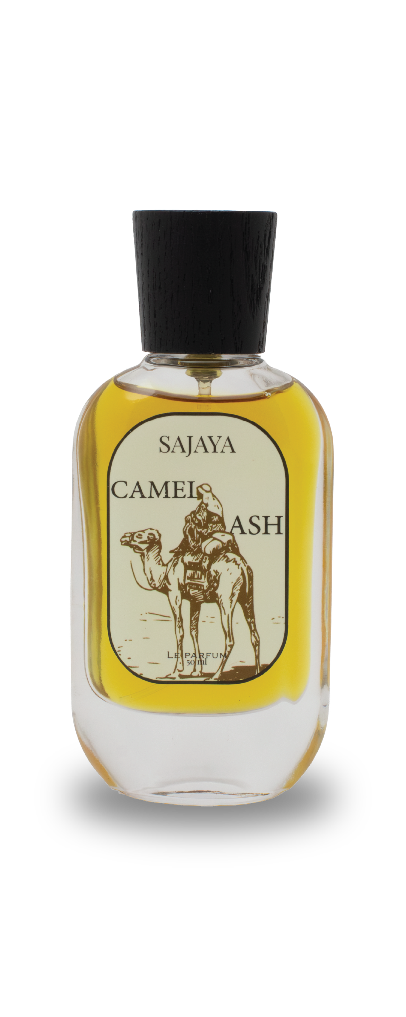 Bottle of SAJAYA Camel Ash Perfume with a wooden cap