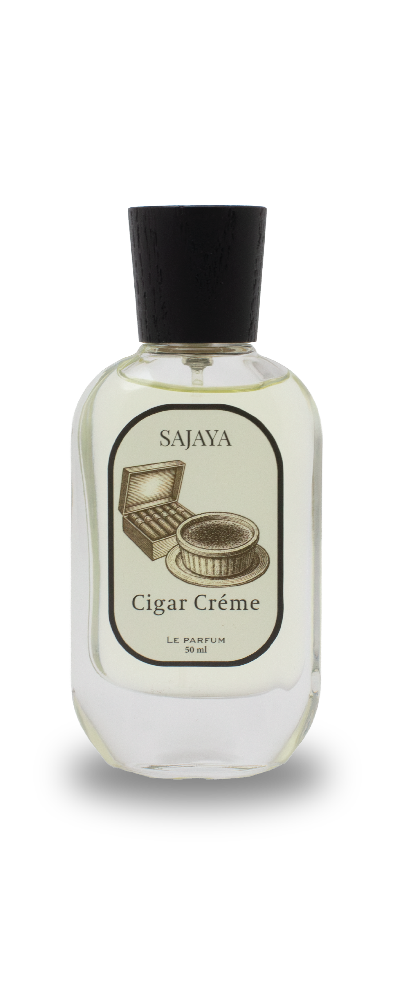 Bottle of SAJAYA Cigar Cream Perfume with a wooden cap