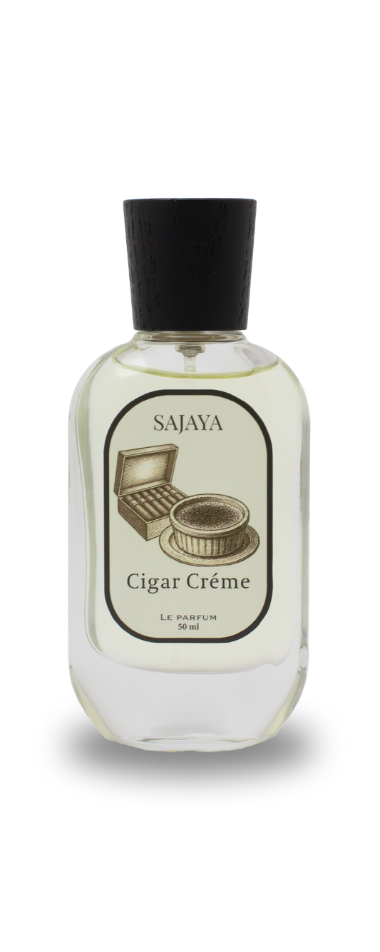 Bottle of SAJAYA Cigar Cream Perfume with a wooden cap