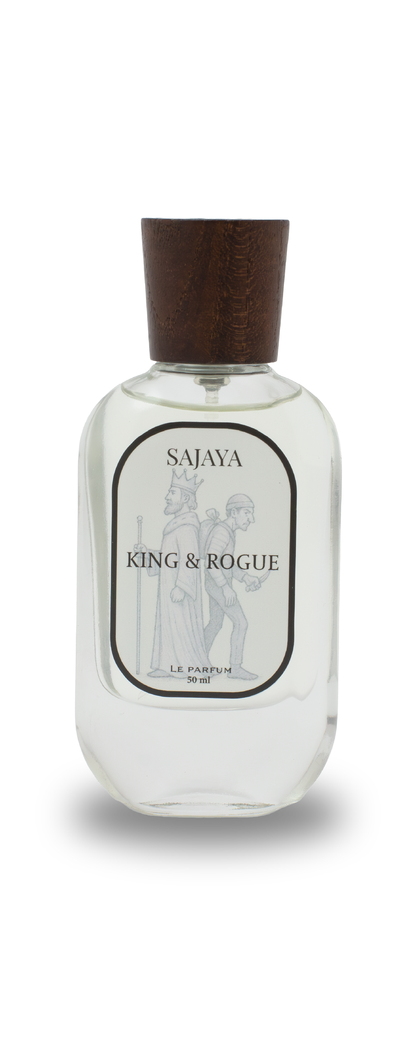 Bottle of SAJAYA King Rogue Perfume with a wooden cap