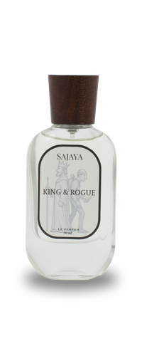 Bottle of SAJAYA King Rogue Perfume with a wooden cap
