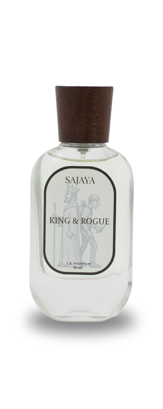 Bottle of SAJAYA King Rogue Perfume with a wooden cap