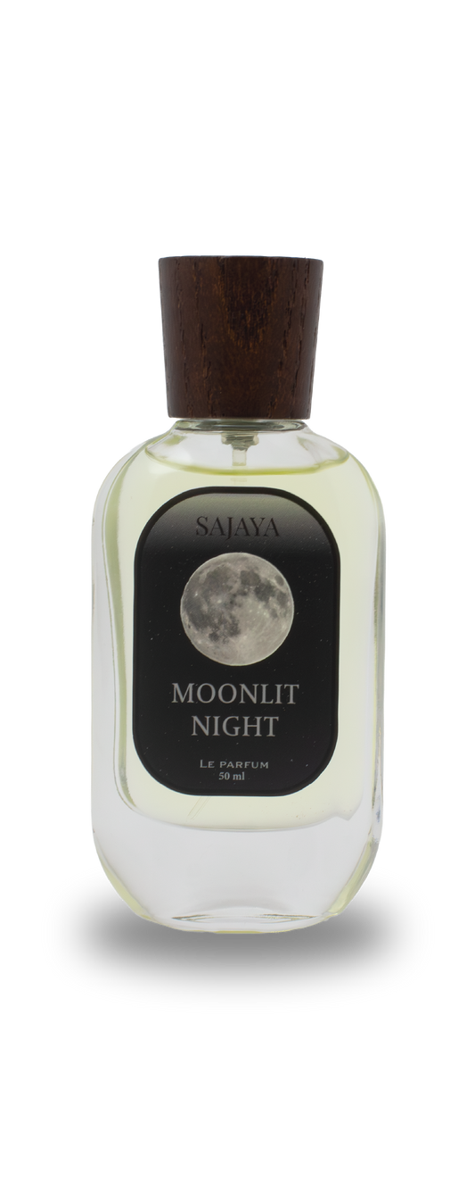 Bottle of SAJAYA Moonlet Night Perfume with a wooden cap