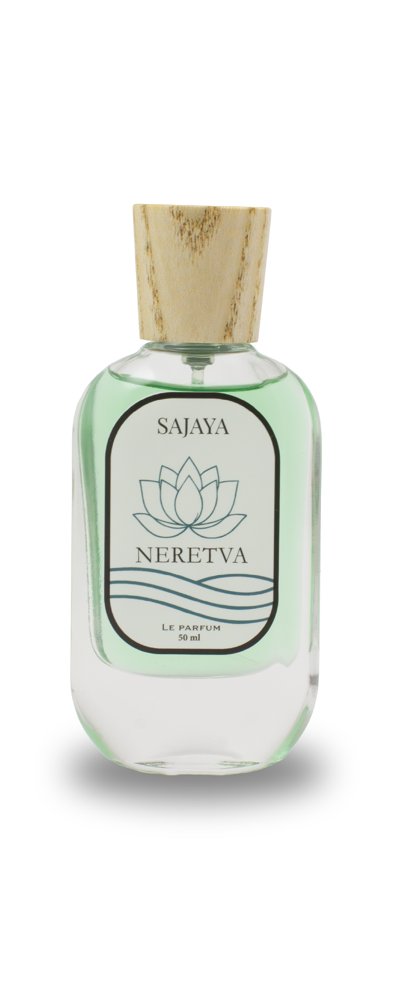 Bottle of SAJAYA Neretva Perfume with a wooden cap