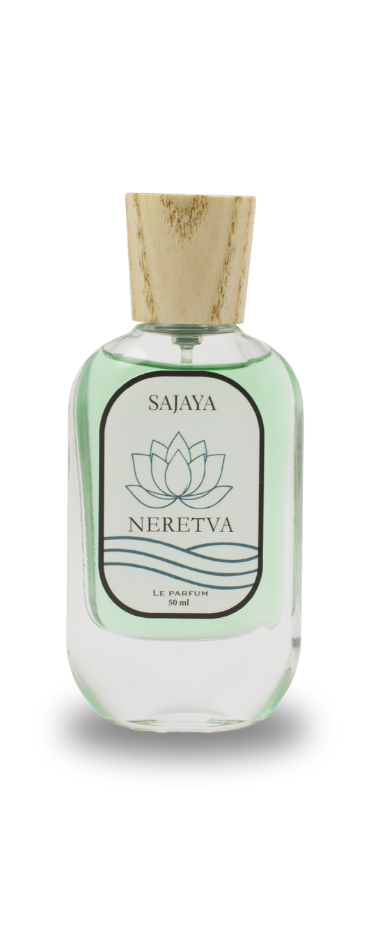 Bottle of SAJAYA Neretva Perfume with a wooden cap