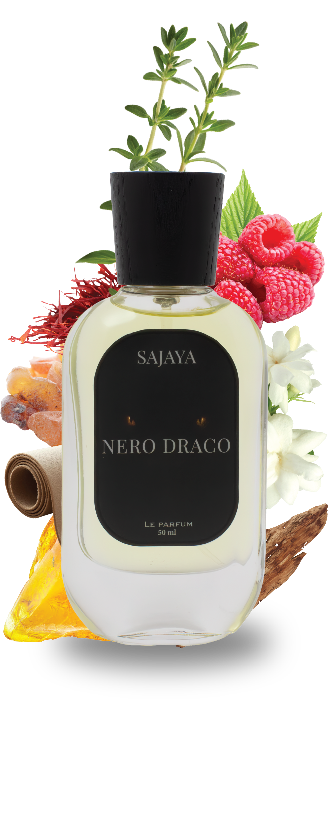 Bottle of SAJAYA Nero Draco perfume surrounded it's notes flowers and herbs 