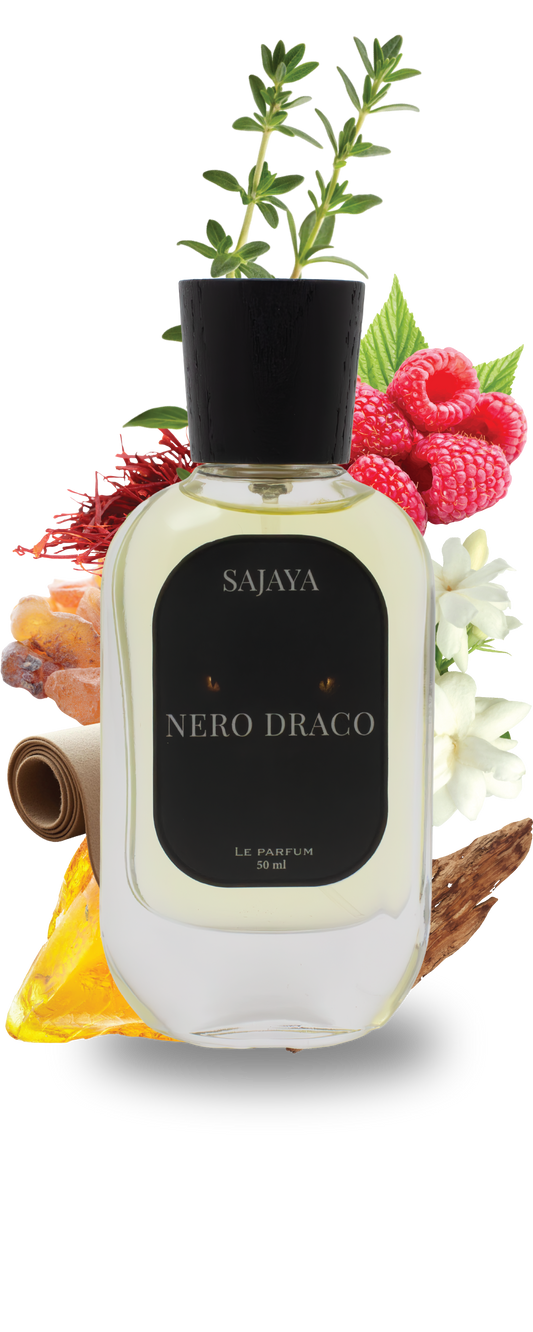 Bottle of SAJAYA Nero Draco perfume surrounded it's notes flowers and herbs 