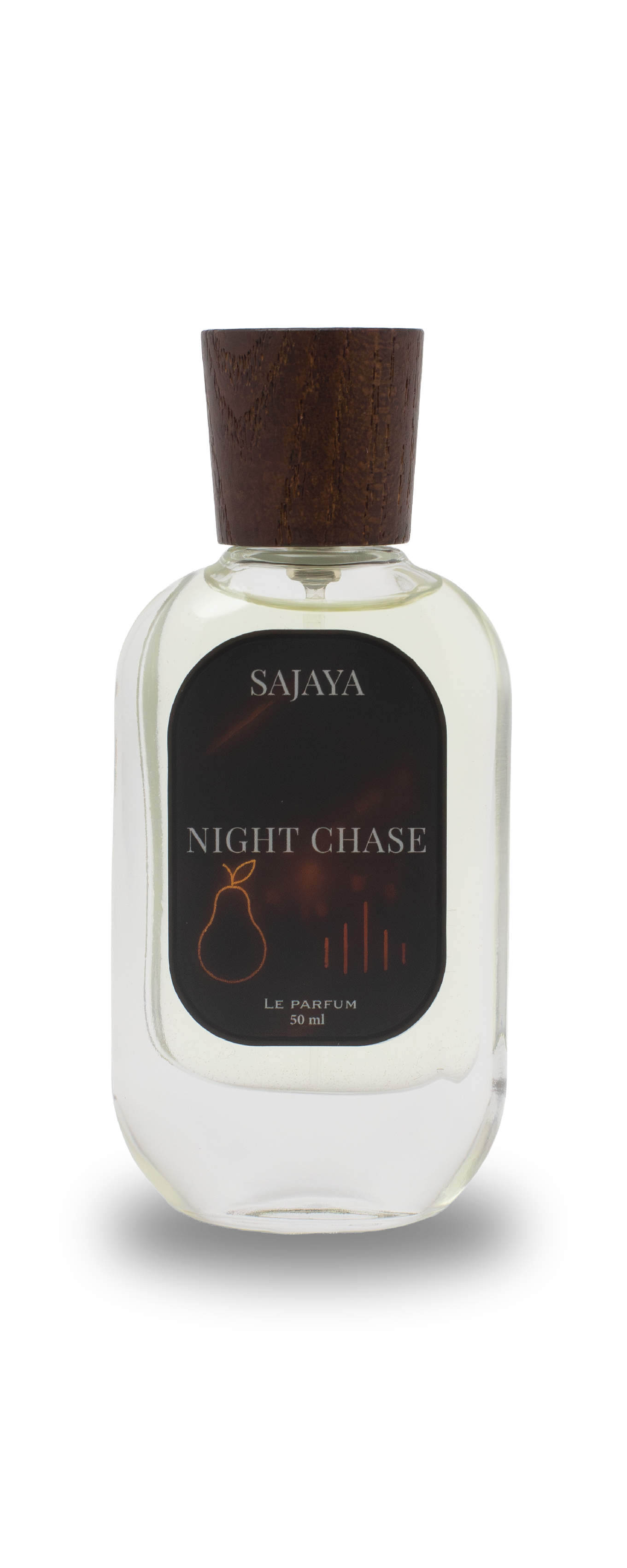 Bottle of SAJAYA Night Chase Perfume with a wooden cap