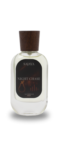 Bottle of SAJAYA Night Chase Perfume with a wooden cap