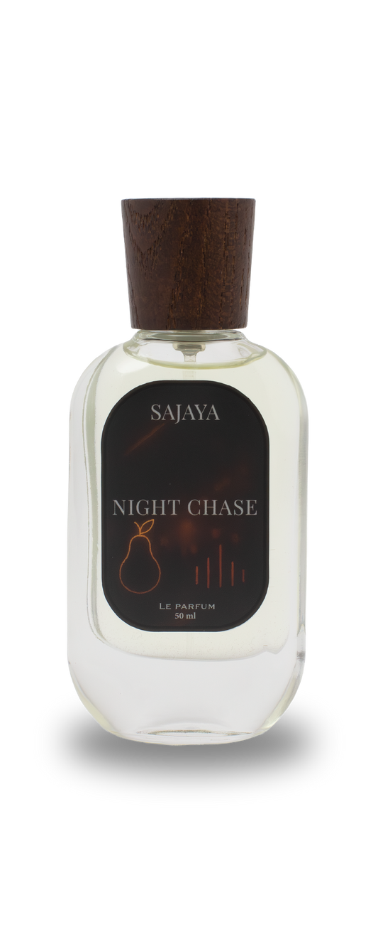 Bottle of SAJAYA Night Chase Perfume with a wooden cap
