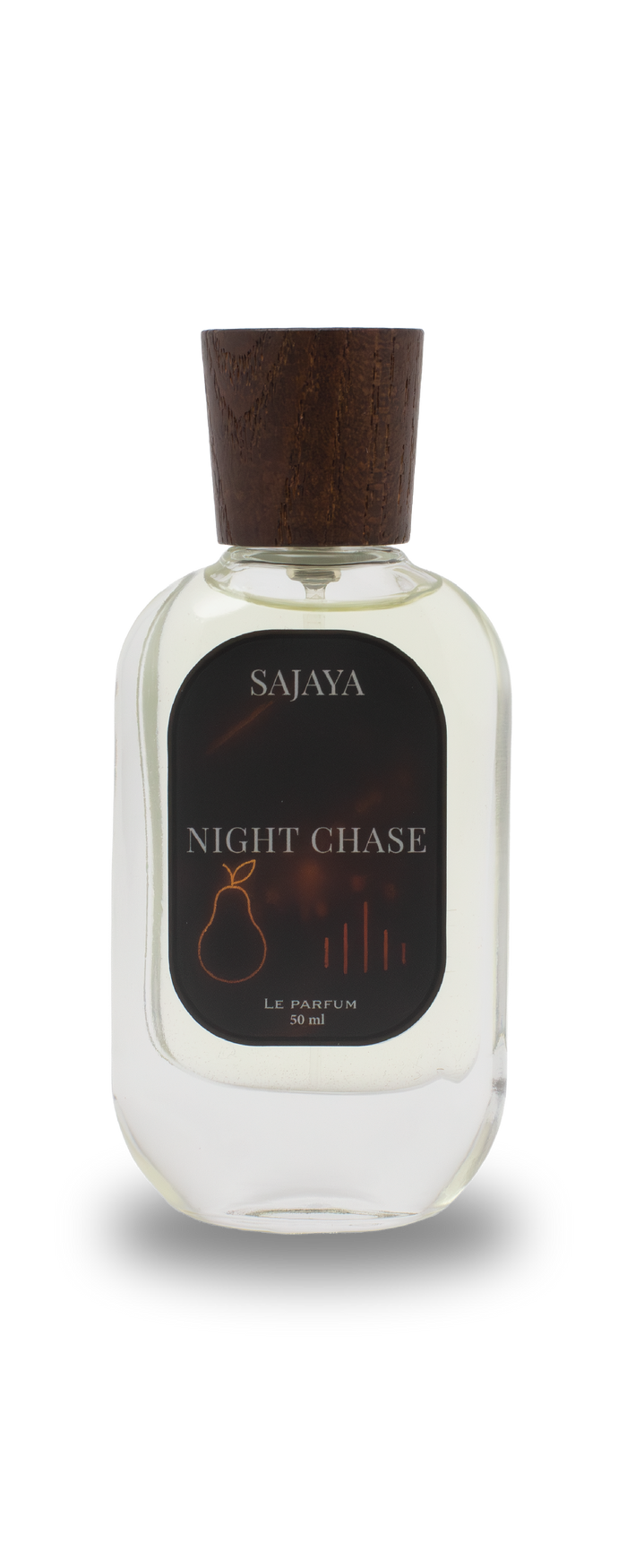 Bottle of SAJAYA Night Chase Perfume with a wooden cap