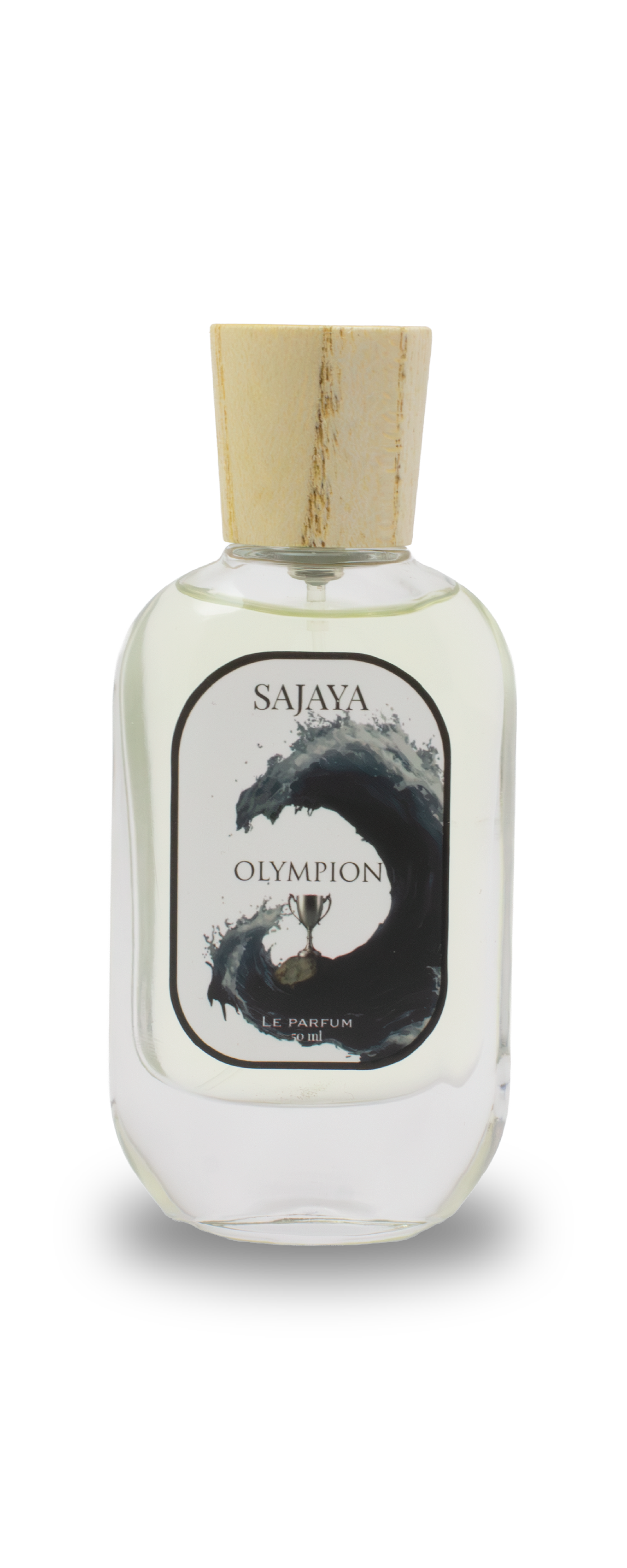Bottle of SAJAYA Olympion Perfume with a wooden cap