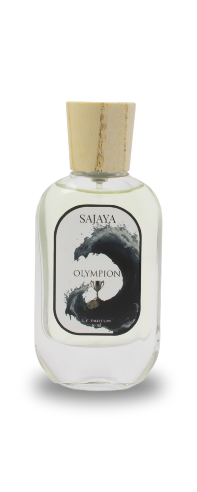 Bottle of SAJAYA Olympion Perfume with a wooden cap