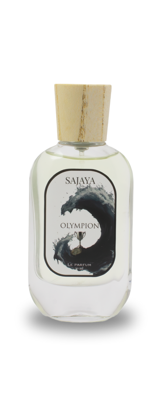 Bottle of SAJAYA Olympion Perfume with a wooden cap