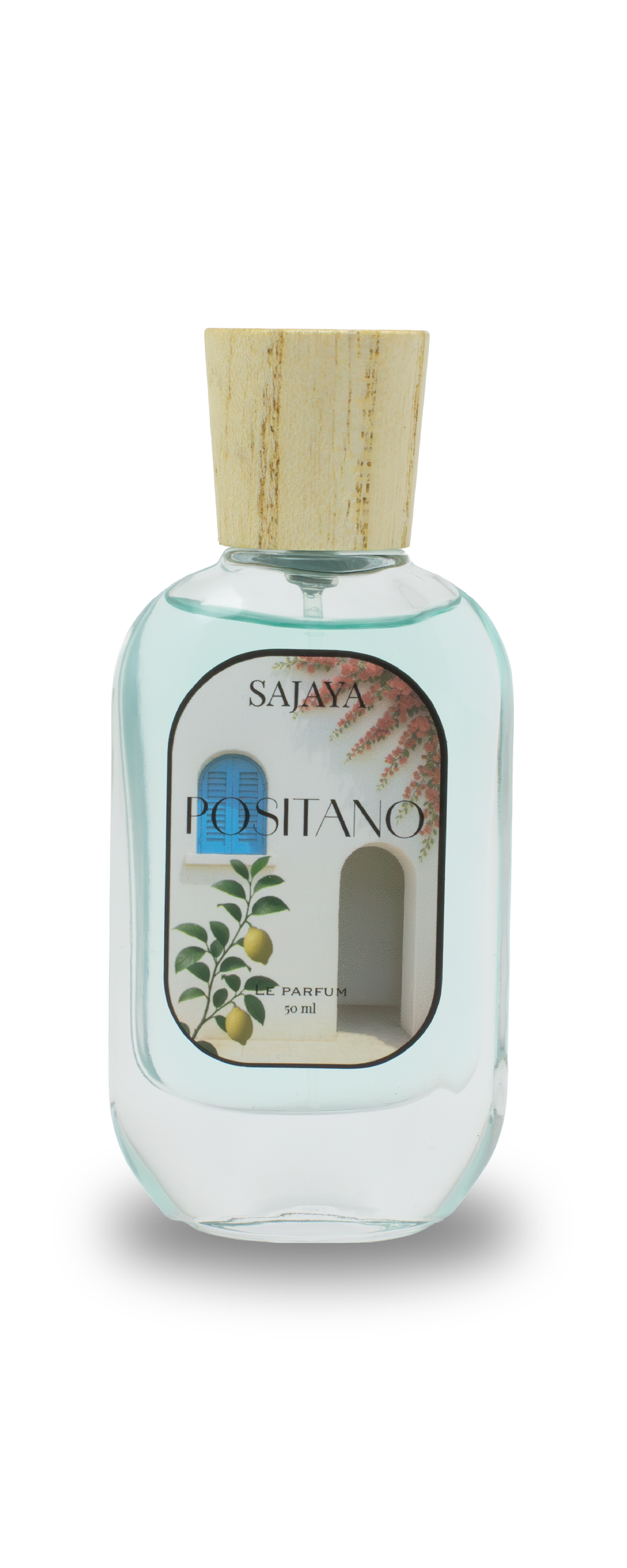 Bottle of SAJAYA Positano Perfume with a wooden cap