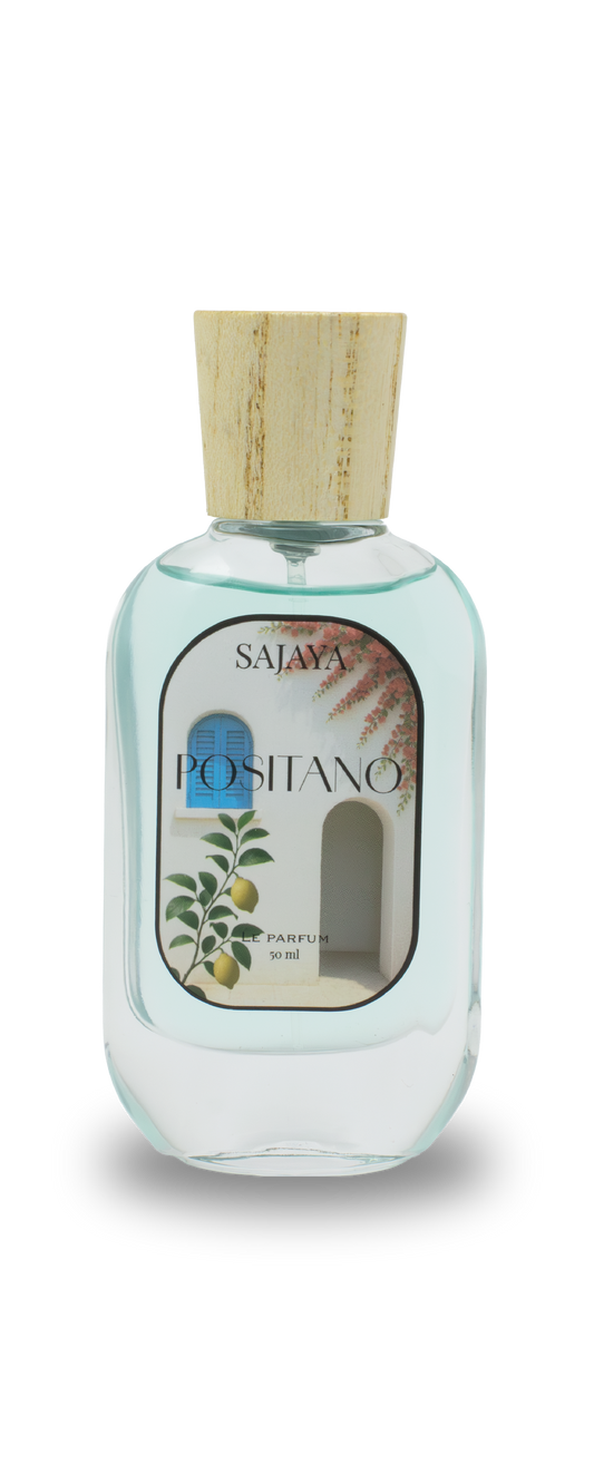 Bottle of SAJAYA Positano Perfume with a wooden cap
