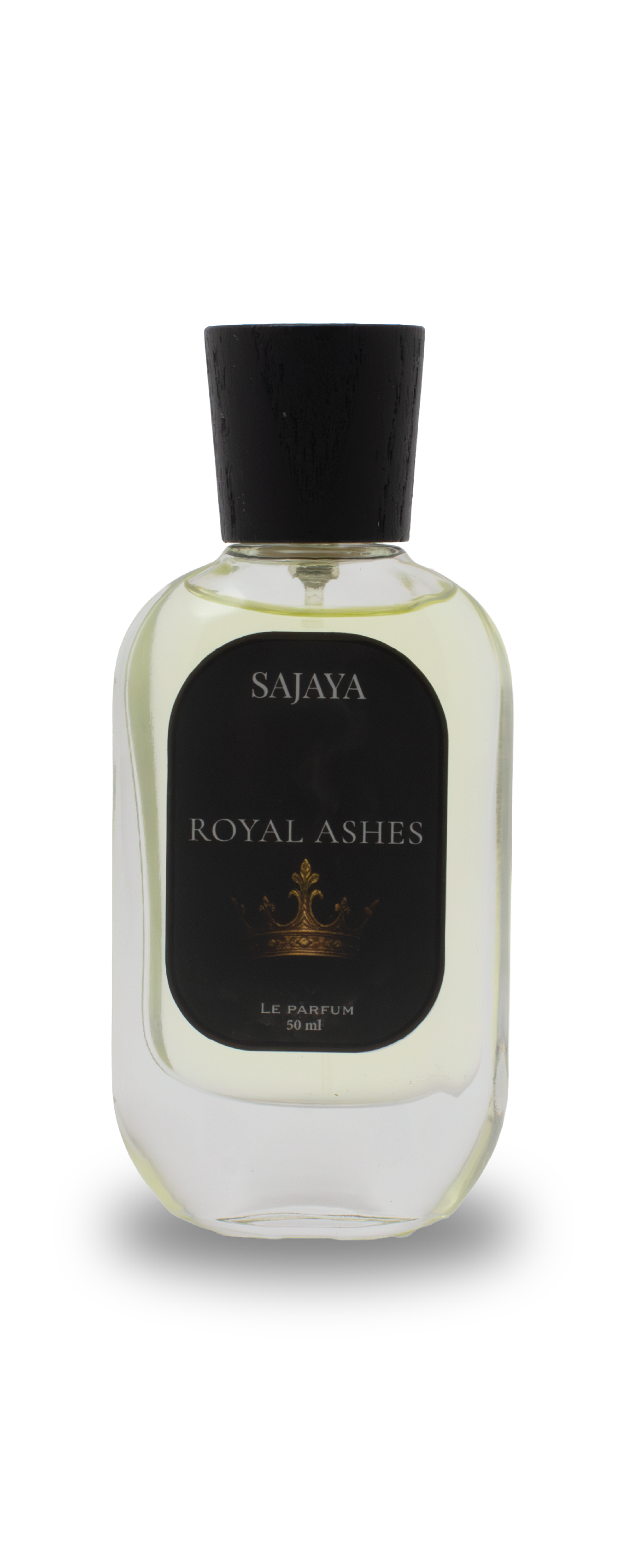 Bottle of SAJAYA Royal Ashes Perfume with a wooden cap