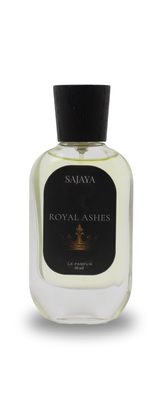 Bottle of SAJAYA Royal Ashes Perfume with a wooden cap