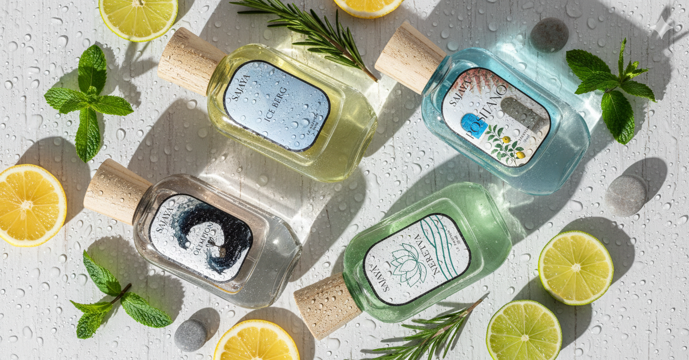 Four bottles of SAJAYA perfumes with lemons and mint leaves on a light background