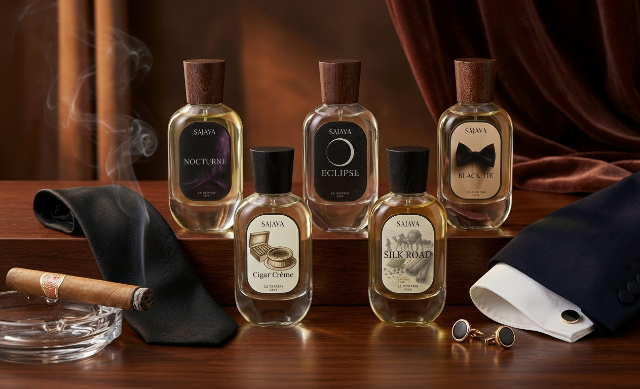 SAJAYA GRACE Collection of men's bottles on a wooden surface with smoking accessories.
