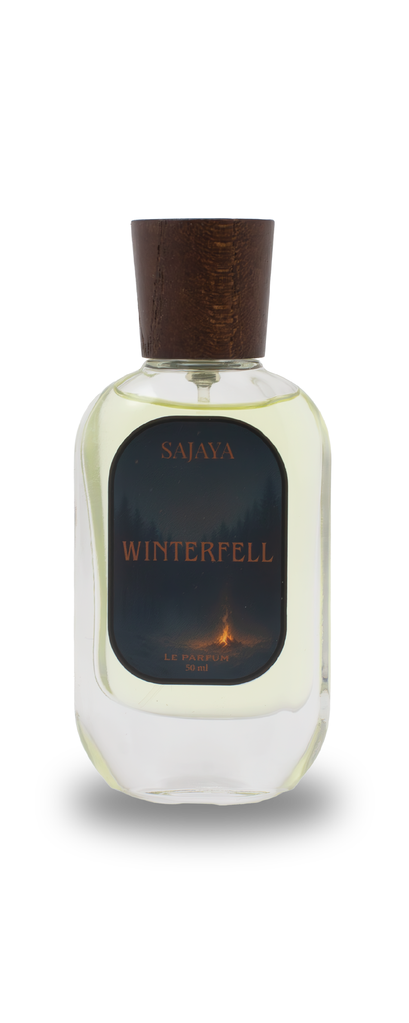 Bottle of SAJAYA Winterfell Perfume with a wooden cap 
